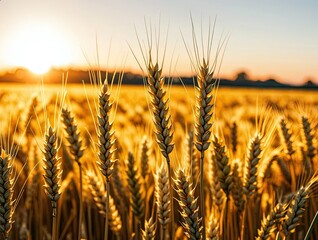 A wheat field at sunrise, golden stalks glowing in the morning light