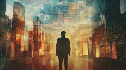 Silhouette of Man in Futuristic Cityscape at Sunset