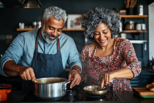 Two individuals stand side by side, cooking together in a modern kitchen, wearing aprons and surrounded by cooking equipment and ingredients, showcasing teamwork and culinary skills.