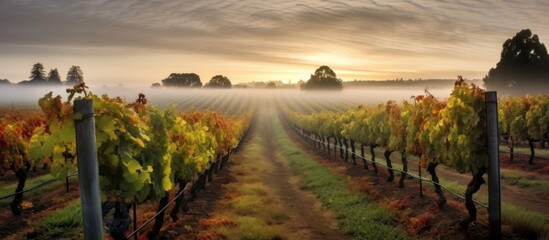 Naklejka premium Misty Vineyard Rows at Sunrise