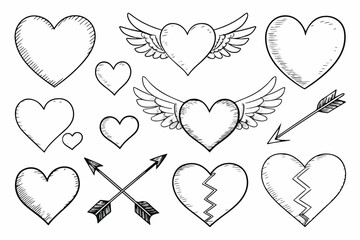 Doodle hearts sketch set