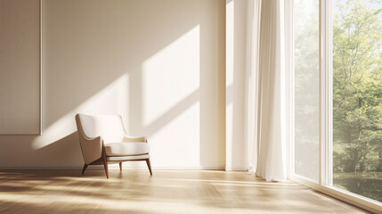 A bright, minimalist living room with a single armchair facing a large window. The room is empty, allowing the natural light to flood the space and make the chair the focal point