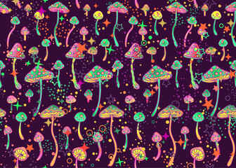 Magic mushrooms and stars seamless pattern. Psychedelic hallucination. 60s hippie colorful art. Vintage psychedelic textile, fabric, wrapping, wallpaper. Vector repeating illustration.