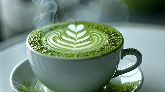 A steaming cup of green tea latte