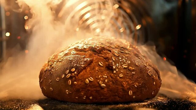 Whole grain bread in oven at bakery	