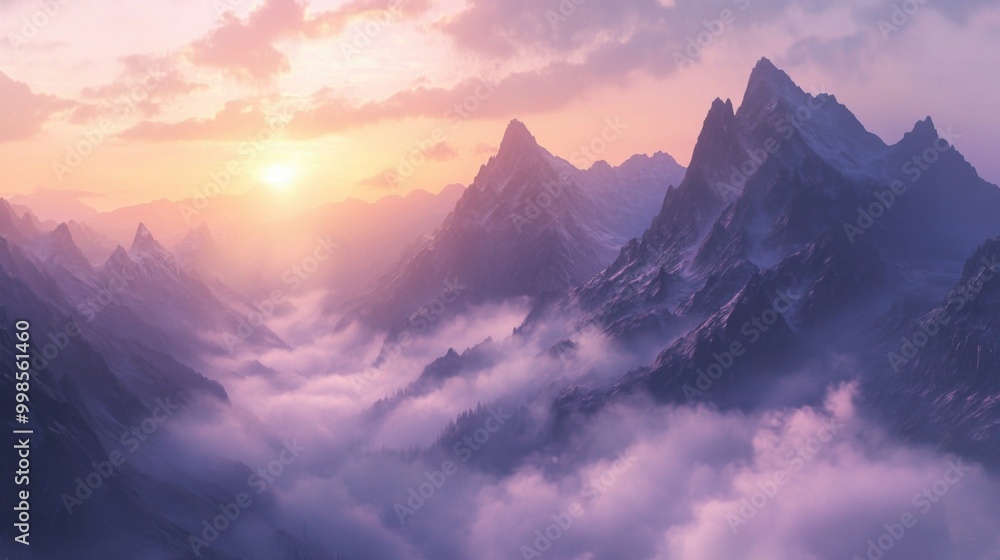 Aufkleber a wide-angle view of a high mountain valley at dawn, with sunlight piercing through layers of clouds