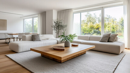 Fototapeta premium A bright, minimalist living room with a wooden coffee table and a light gray rug. The room has large windows allowing natural light to flood the space