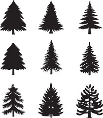 Obraz premium Black silhouettes of a pine tree, Evergreen trees, black and white cliparts