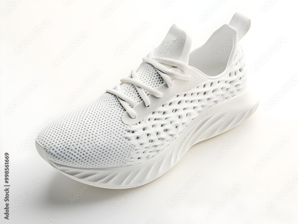 Poster sleek and lightweight mesh running shoes with modern minimalist design on untextured white backgroun