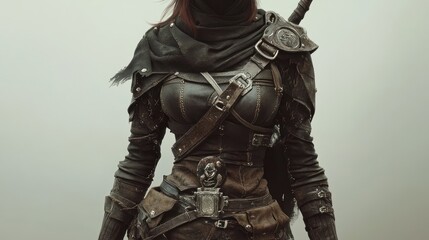A mysterious female character in dark, detailed armor, ready for adventure.