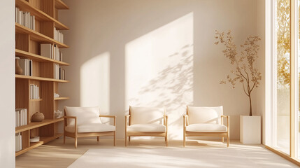 Fototapeta premium A bright, minimalist living room with wooden accent chairs and a simple wooden bookshelf. The room is bathed in natural light, highlighting the warm tones of the wood