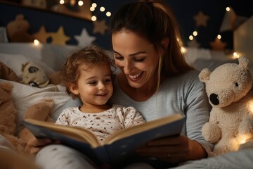 A mother and child share a bedtime story in a cozy star-lit bedroom filled with soft toys and warm lighting, creating a serene and bonding nighttime atmosphere. - Powered by Adobe