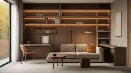 Stylish mid-century modern apartment featuring innovative space-saving furniture