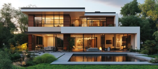 Fototapeta premium Modern house with a swimming pool and a patio.