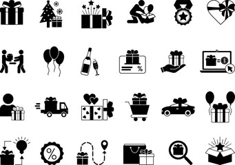 Black Gift Icon Set. Vector Icons Surprise, Unboxing, Buy Gift, Bonus, Champagne, Gift Delivery, Send Gift, New Car, Gift Card, Discount, Balloons and More