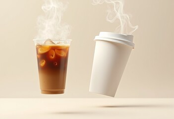 Elevate Your Coffee Experience: Discover the Perfect Blend of Hot and Cold Brews in Minimalist Cups - A Photorealistic Journey Through Iced Lattes and Steaming Espressos