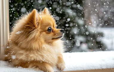 Obraz premium A Pomeranian dog gazes out of a window as snow falls softly in a winter evening setting