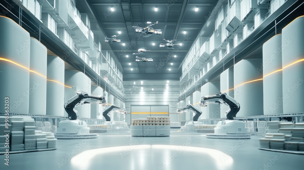 Poster a futuristic warehouse with robots and drones for automated logistics and storage.