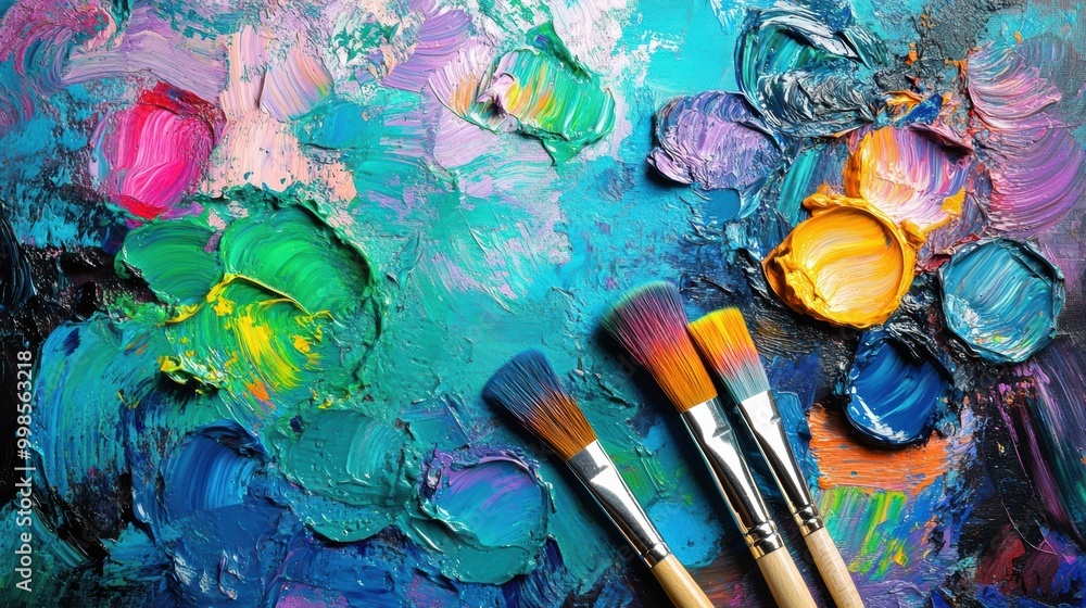 Poster bright splashes of color on a painter's palette and brushes poised on a canvas signify an inspiring 