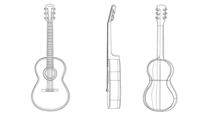 Naklejka premium An intricate line art drawing of an acoustic guitar presented in three different views: front, side, and back, showcasing precise details of its construction.