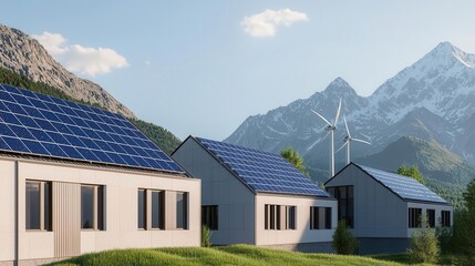 Obraz premium Mountain resort powered by a hybrid energy system with solar, wind, and energy storage, sustainable tourism technology