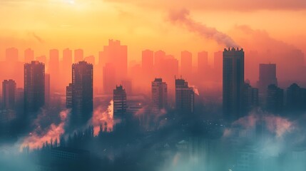 Fototapeta premium Hazy Cityscape Obscured by Smog and Heat Distortion Symbolizing Global Warming