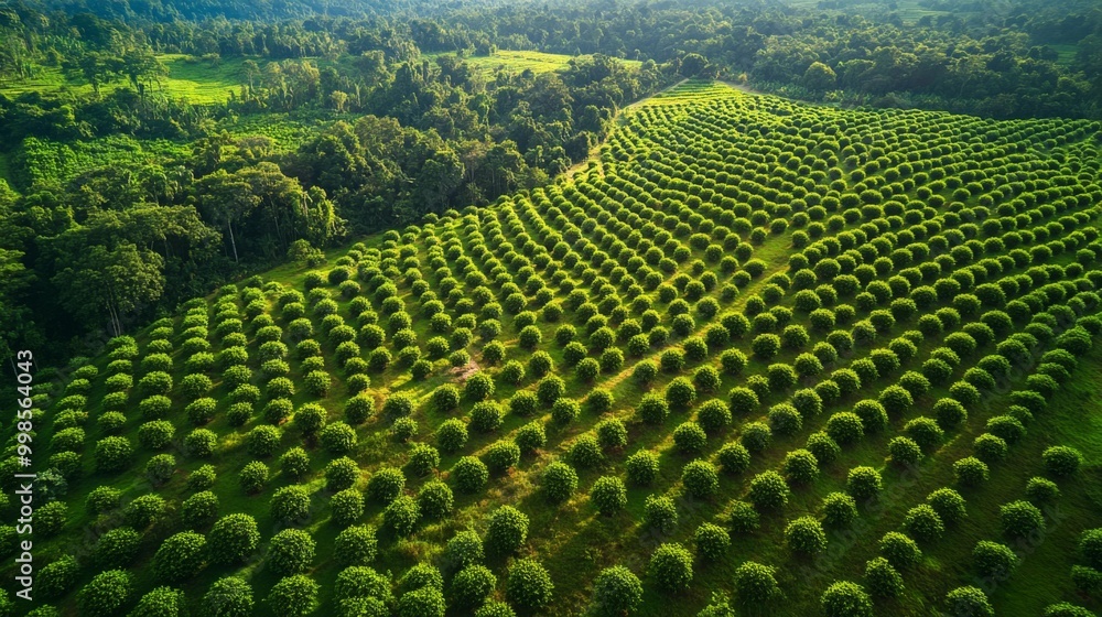 Poster an aerial view of a large reforestation project, highlighting rows of newly planted trees in a vibra
