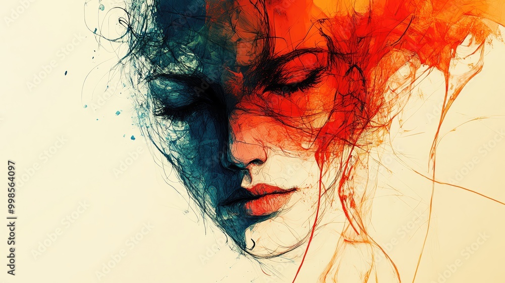 Poster a vivid abstract portrayal of a woman's face with flowing colors, representing the complexity of emo