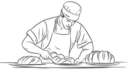 A detailed drawing showing a baker in an apron and cap slicing a loaf of freshly baked bread, with two additional loaves placed on a table, highlighting the craft of baking.