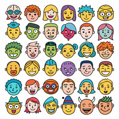 A set of 36 diverse cartoon faces with various expressions, perfect for adding a touch of fun and personality to your projects. The illustrations feature different hairstyles, skin tones.