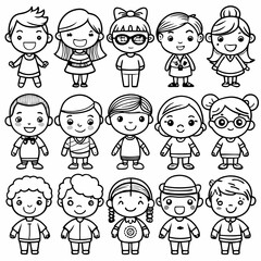 A fun and friendly illustration of a group of children, perfect for coloring books, educational materials, or any project that needs a touch of childhood charm.