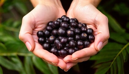 handful of berries. hands holding Acai berries. 