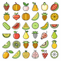 A set of 36 colorful and detailed fruit icons, perfect for adding a touch of freshness to your designs. This vector illustration features a variety of fruits, including apples, pears, oranges.