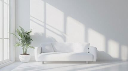 A clean, bright living room with a white sofa as the only piece of furniture. The empty space around it enhances the minimalist vibe, with soft natural light coming through