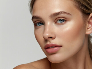 Obraz premium A beauty portrait of a beautiful woman with light makeup. She is posing for an advertising campaign for an anti-aging skincare product.