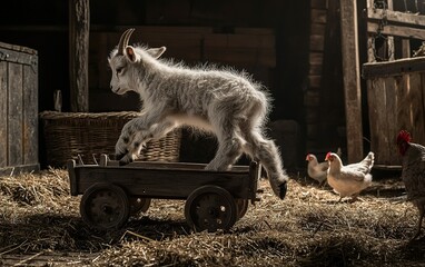 A playful goat balances on a wooden cart while chickens roam freely in a rustic barn during daylight hours