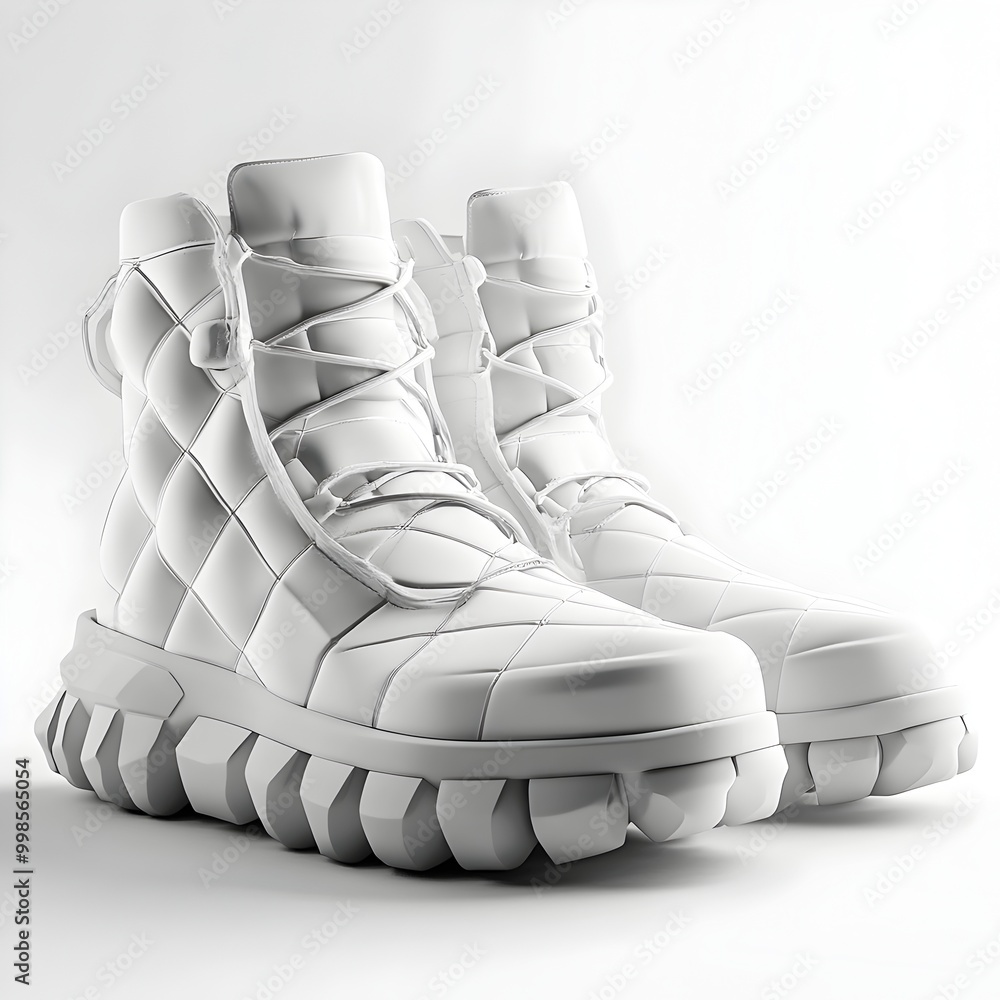 Poster stylishly designed winter boots on pristine white background with geometric patterns and minimalist 