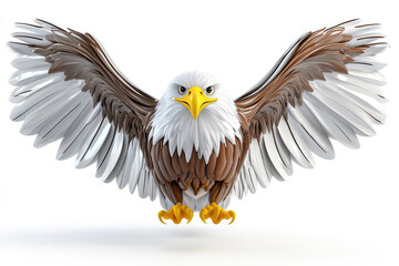 Obraz premium A powerful bald eagle is captured flying directly forward with a determined look, showing its wide wingspan and fierce expression as it dominates the skies.