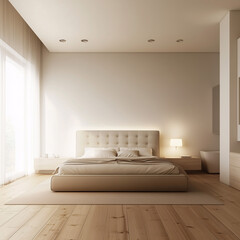 Fototapeta premium A clean, minimalist bedroom featuring a modern upholstered headboard in a neutral color, paired with simple furniture and natural wood flooring