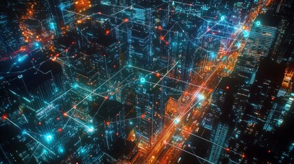 Obraz premium An aerial view of a smart city at night, with a glowing web of wireless connections represented by bright lines linking buildings, cars, and devices across the cityscape.