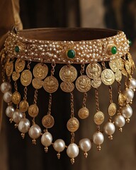 A traditional Lakshmi waist chain (kamarbandh) with tiny gold coins and lotus charms, adorned with pearls and emeralds, ideal for bridal or festive occasions, representing wealth and femininity
