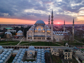 Sunset in the Suleymaniye Mosque Drone Photo, Suleymaniye Fatih, Istanbul Turkiye (Turkey)