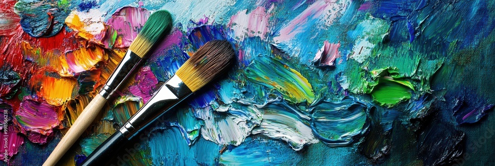 Fototapete brightly colored paint splashes adorn a palette beside paintbrushes, capturing abstract artistic exp