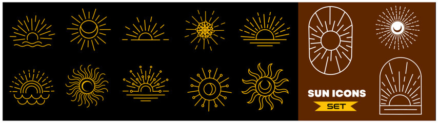 Sun rays line design elements. Vector linear icons in minimal boho style. Half circle shapes logos. Sunset or sunrise symbols set. vector illustration  © Sanjoy