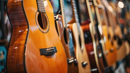 Group Of Classic Musical Guitar Instruments Side View Of Guitar At Display Rack