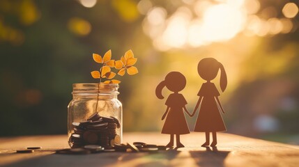 Silhouette of two paper doll figures standing next to a glass jar filled with coins and a small plant, representing financial security and family growth.