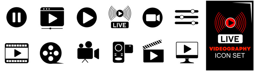 Video player icon set. Containing play or start button, pause or stop, media, camera, live, cinema, multimedia, film, handycam, clapperboard, movie, streaming or online video. Vector illustration