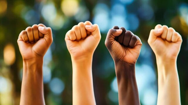 Hands raised with closed fists. Multiple hands raised up with closed fist symbolizing the black lives matter movement	