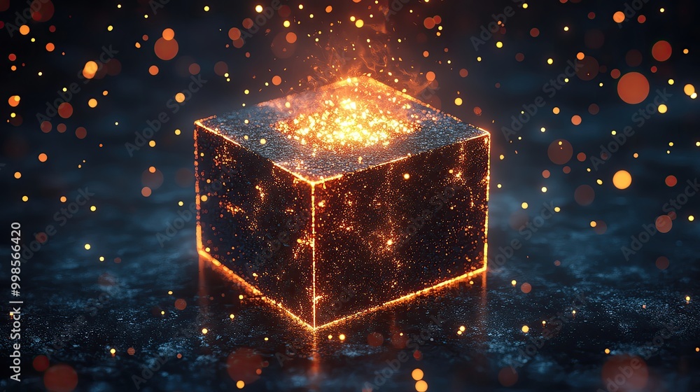 Poster a glowing cube with vibrant particles, creating a mystical and dynamic visual effect on a dark backg