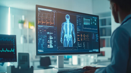 Doctor analysis the test result from MRI Scanner on computer. Medical report about health of patient on screen, data of analysis. Telemedicine. Computer scan of man. Full body check up. clinic